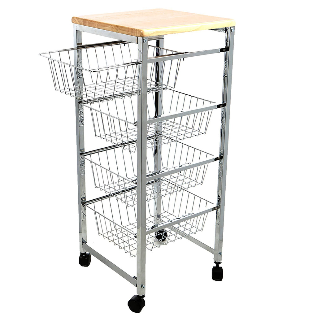 4 Tier Wire Basket Cart with Wood Surface H6945