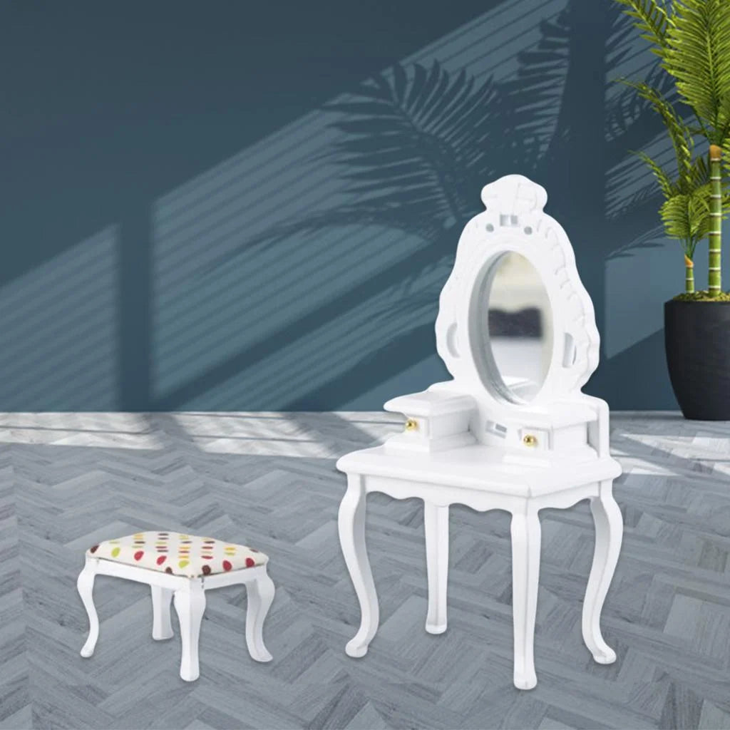 White Dollhouse Table with Stool X627390