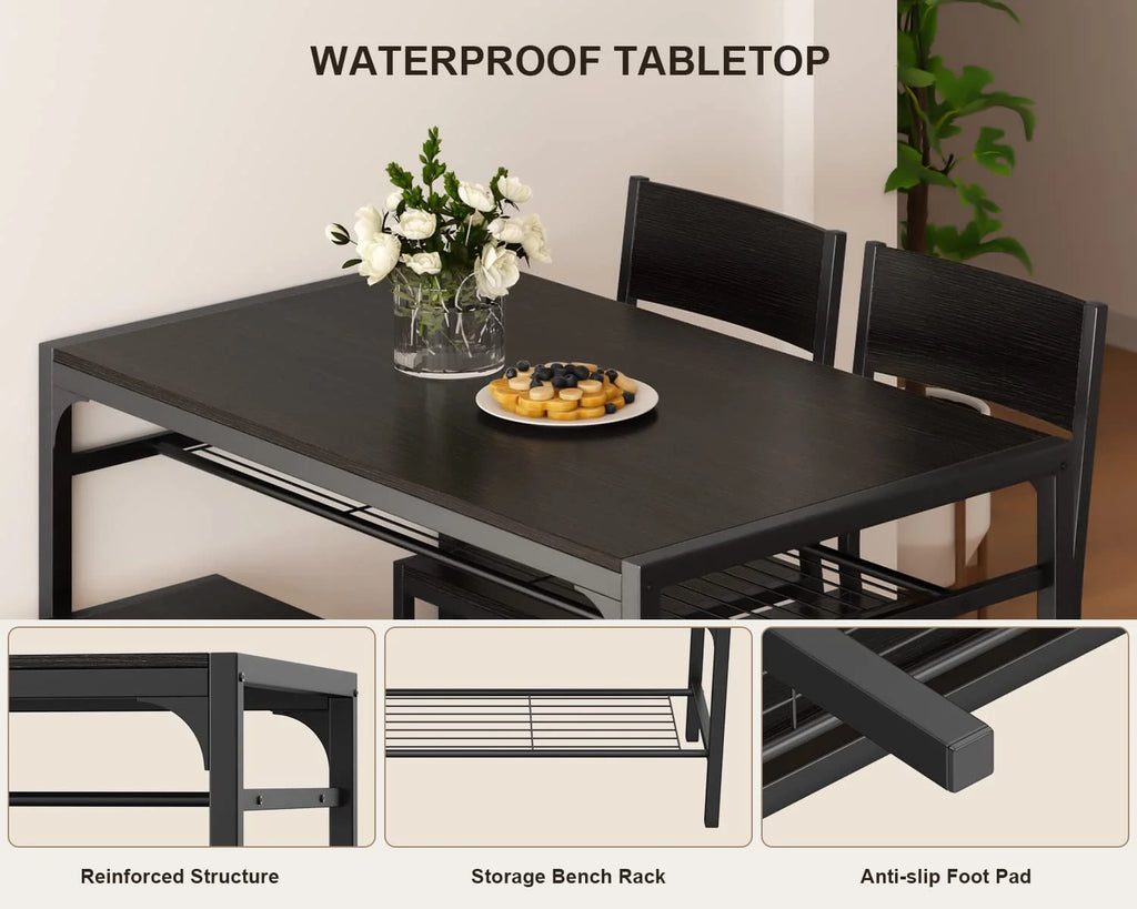 Black Kitchen Table with 2 Chairs and Bench with Storage Rack H992323