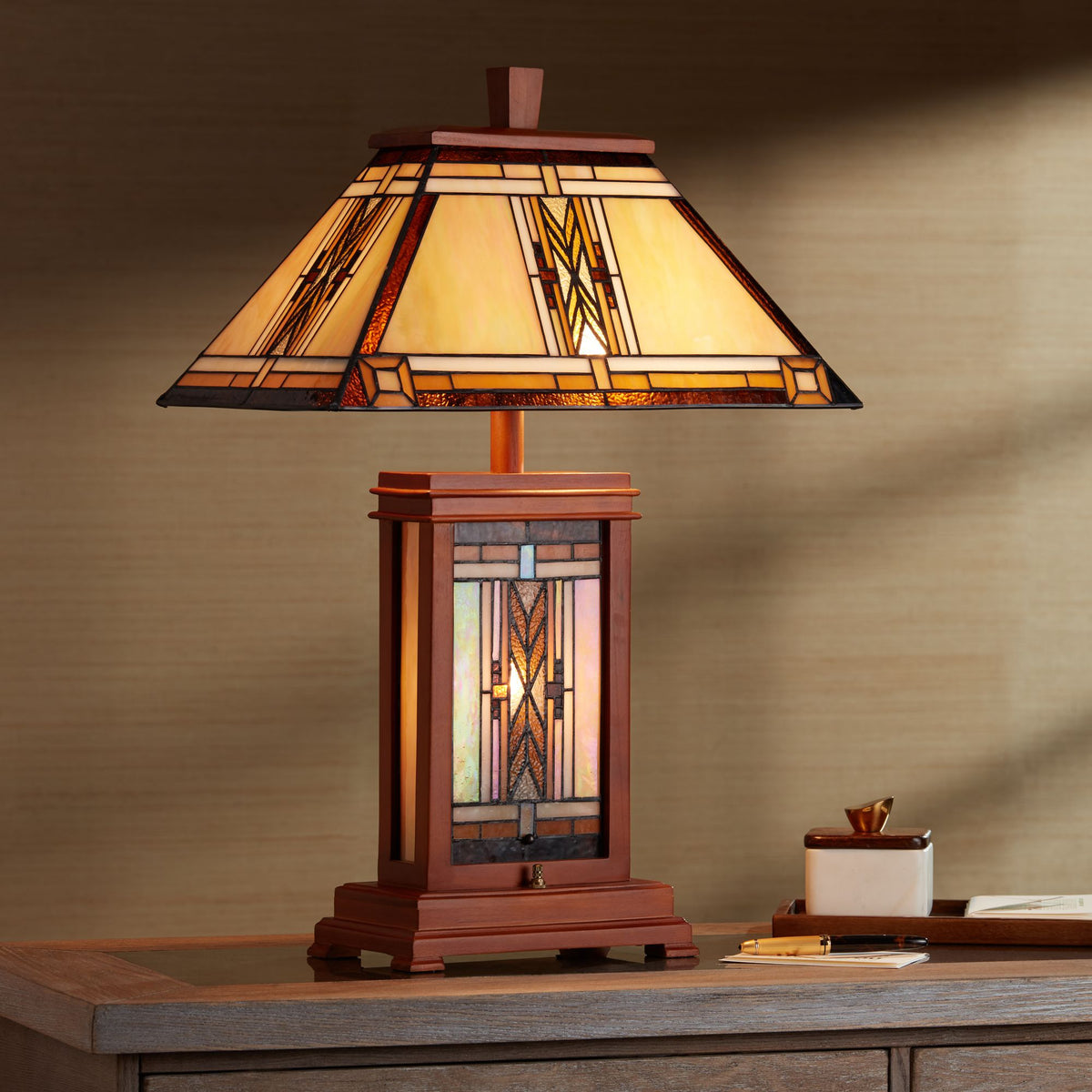Walnut Mission Table Lamp 27" Tall Wood with Stained Art Glass Shade U996