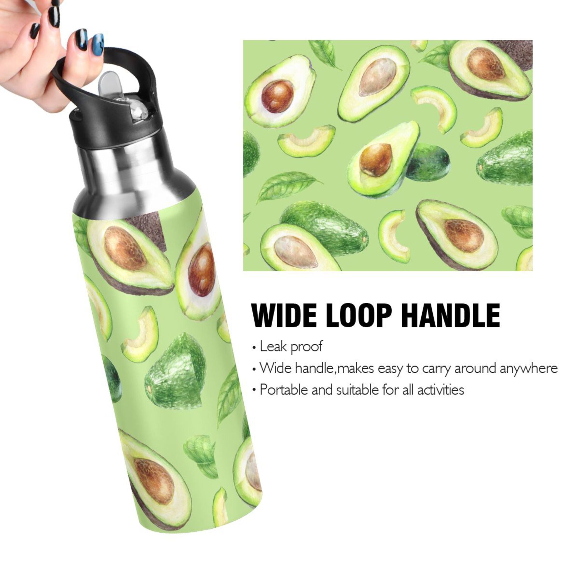 Green Avocado Fruit Stainless Steel Vacuum Insulated Water Bottle with Straw Lid 20 OZ S111367