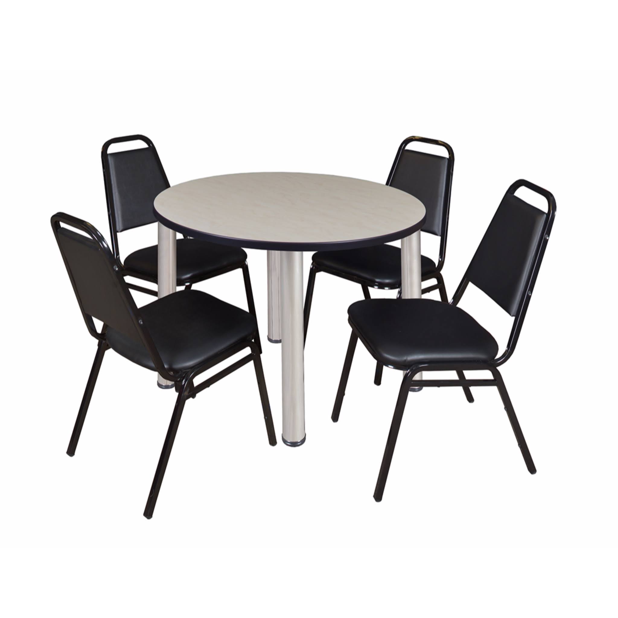 36x22 Round Breakroom Table Maple Chrome with 4 Stack Chairs Black S994329