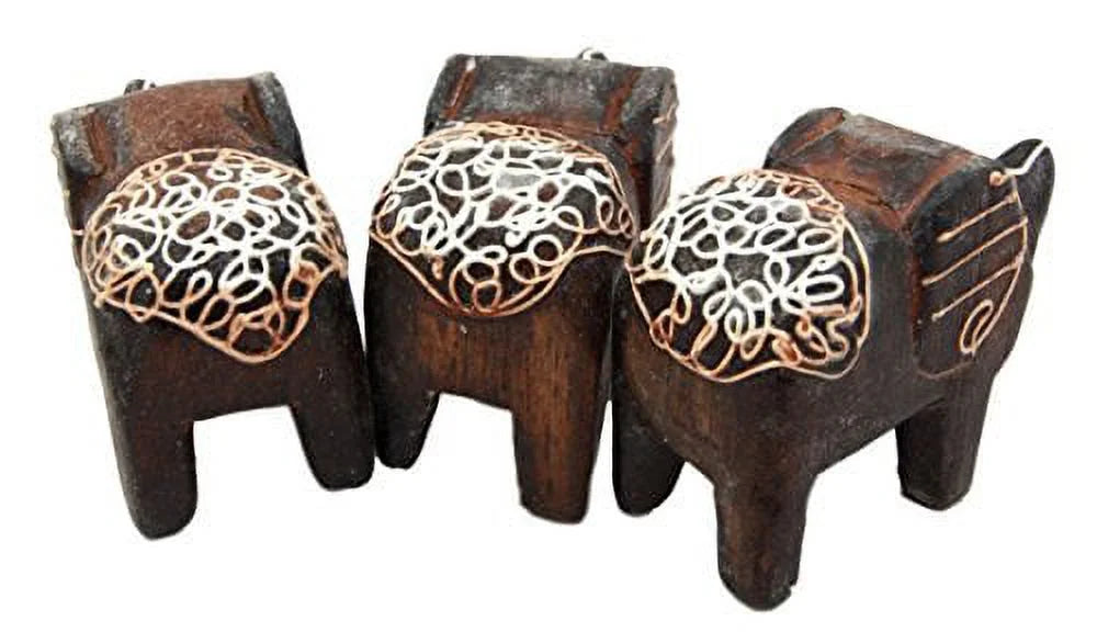 Hand Made Wood Elephant Family Miniature Figurine Set 2.5"L I144