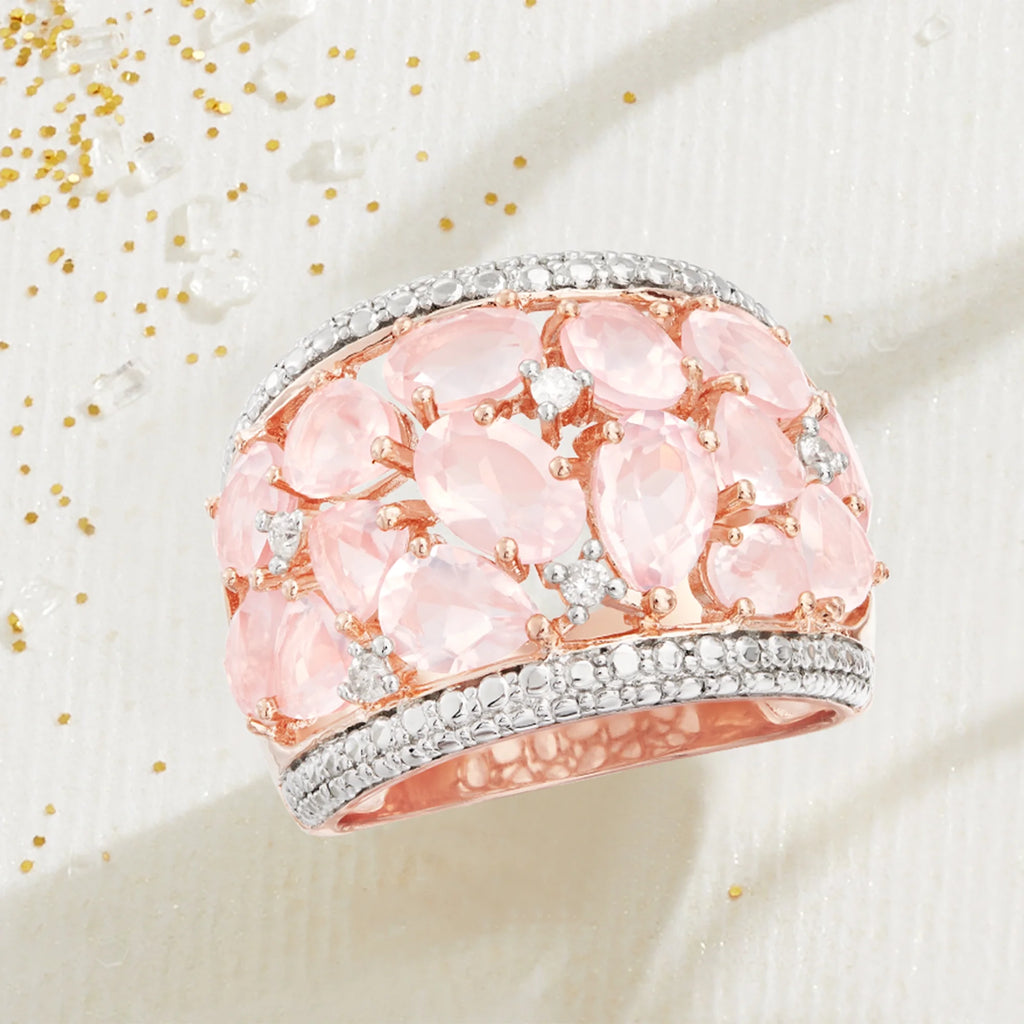 Rose Quartz Dome Ring With Diamonds in Rose Sterling Silver I920120