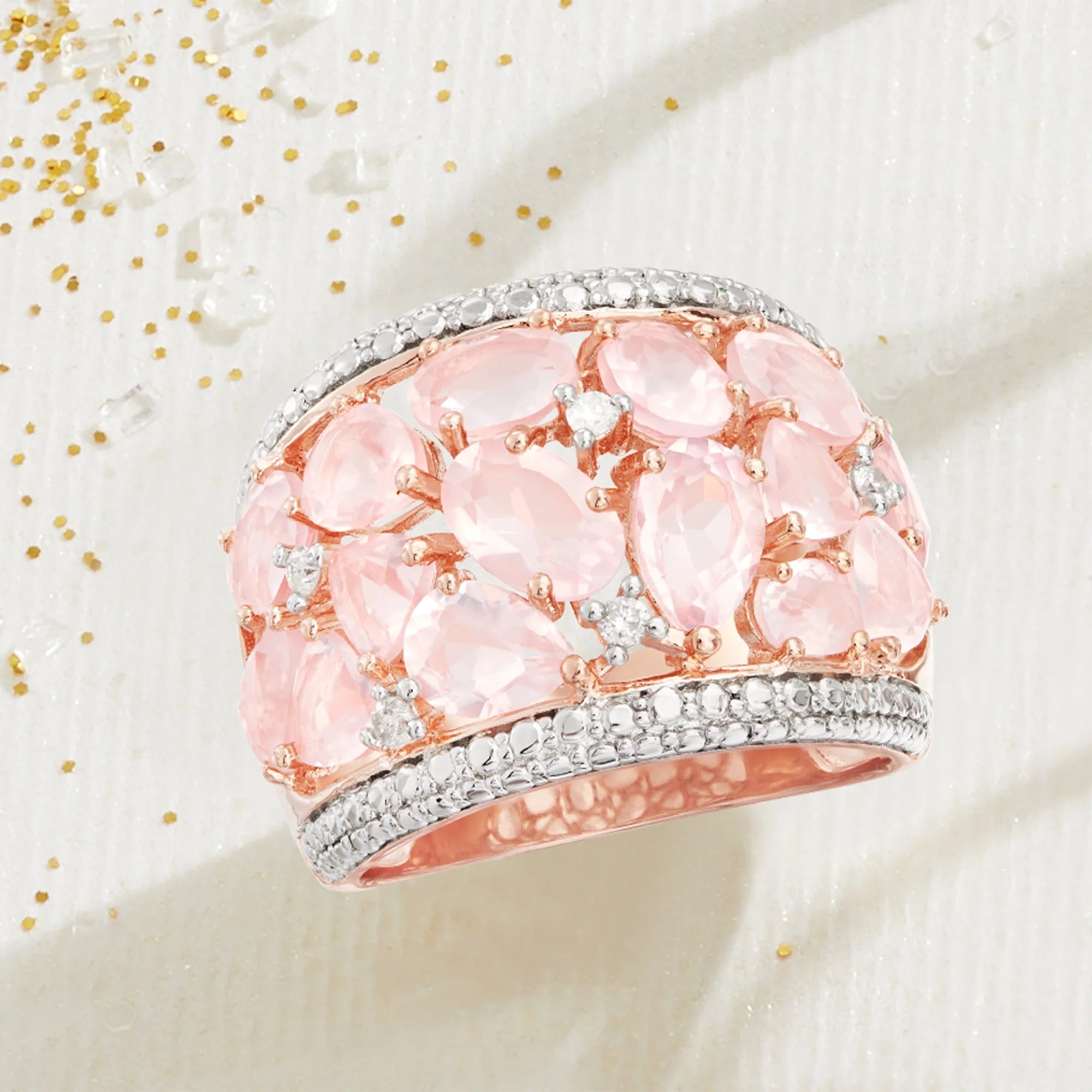Rose Quartz Dome Ring With Diamonds in Rose Sterling Silver I920120