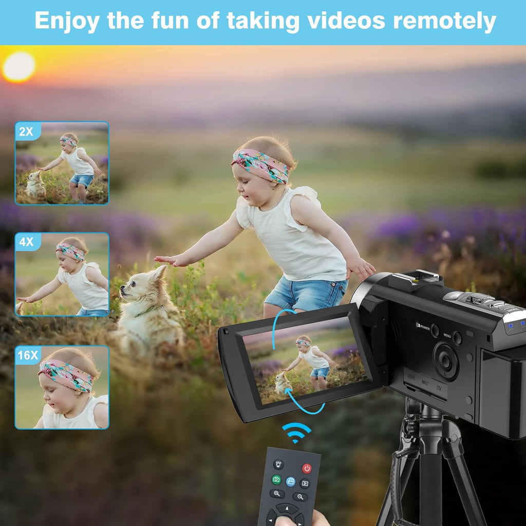 Full HD 1080P 24MP 30FPS 16X Zoom Digital Camera with 3.0 Inch 270° Rotation IPS Screen, Fill Light, Microphone, 2.4G Remote, 2 Batteries F782915