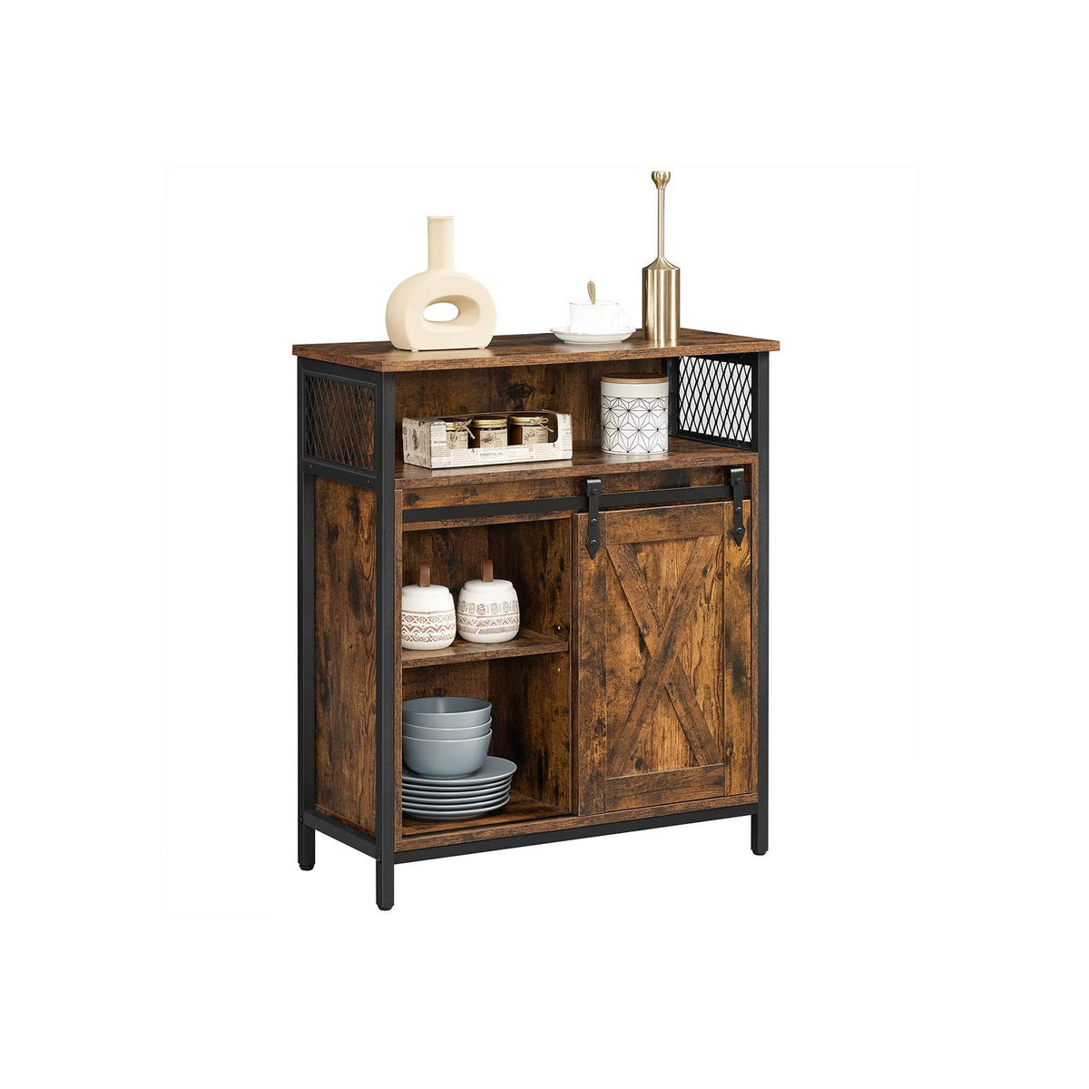 Rustic Brown Black Storage Sideboard with Barn Door X856323