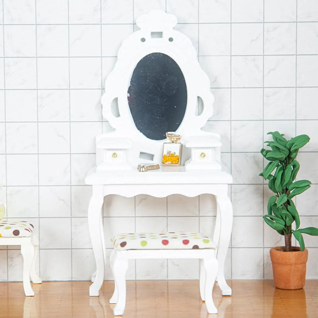 White Dollhouse Table with Stool X627390