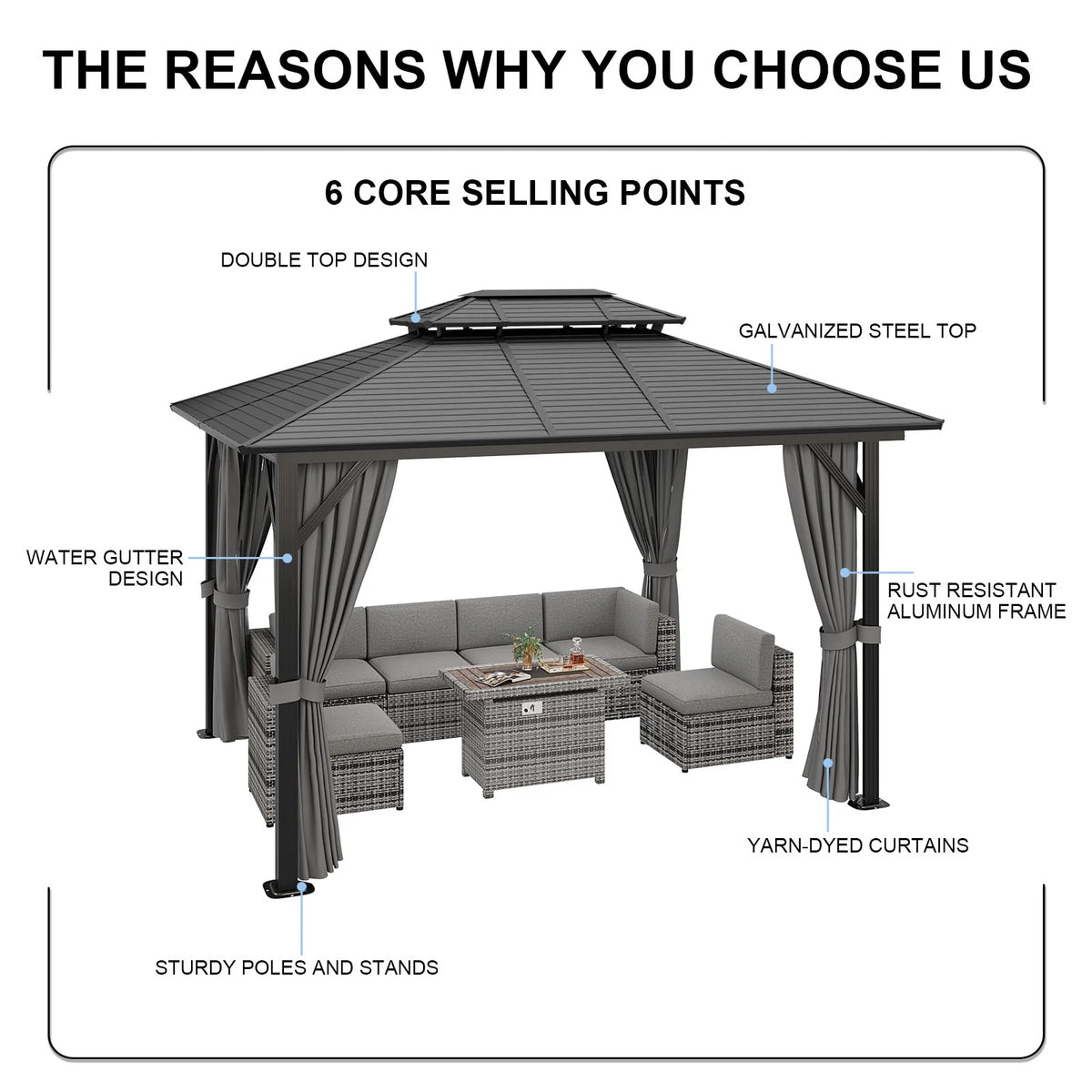 10’ x 12’ Hardtop Aluminum Frame Patio Gazebo with Netting and Curtains G2963