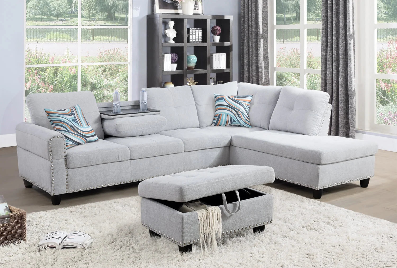 Linen Fabric Sectional Sofa with Storage Ottoman & Toss Pillows L302621