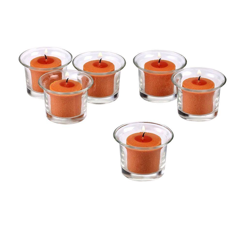 Clear Glass Lip Votive Candle Holders with Orange Votive Candles (Set of 36) X891