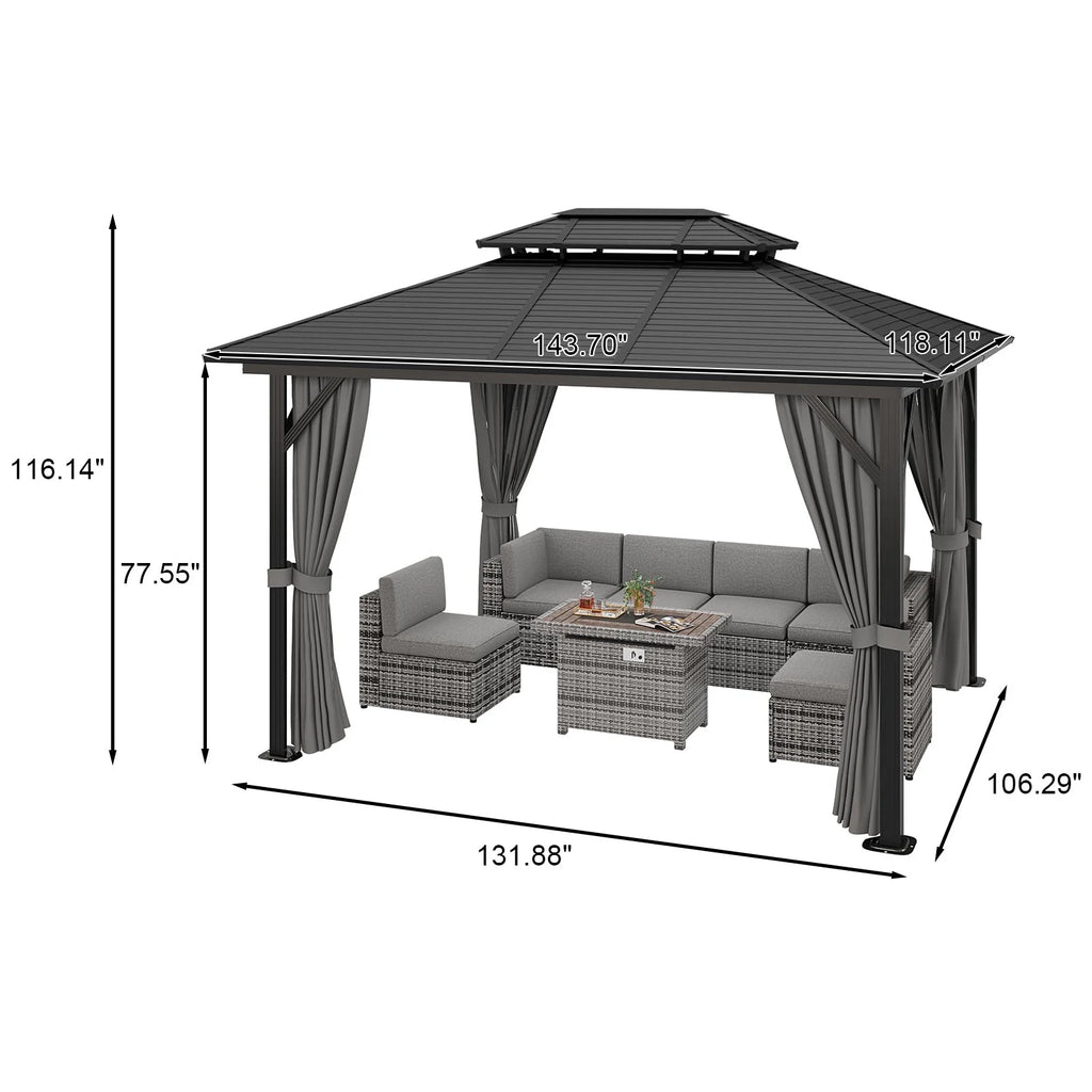10’ x 12’ Hardtop Aluminum Frame Patio Gazebo with Netting and Curtains G2963