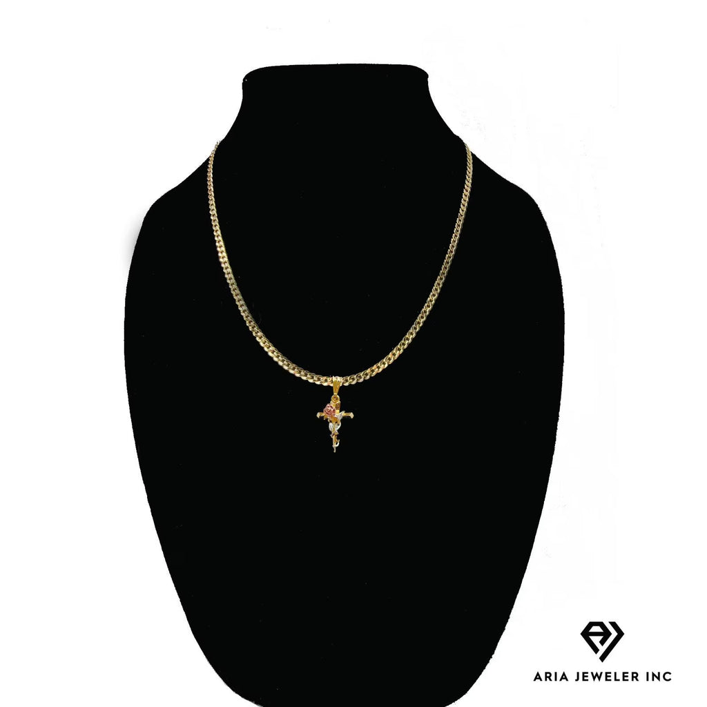 14k Bonded Gold Necklace with Pink Rose Cross Pendant, 14K Cuban Chain Necklace Q4792