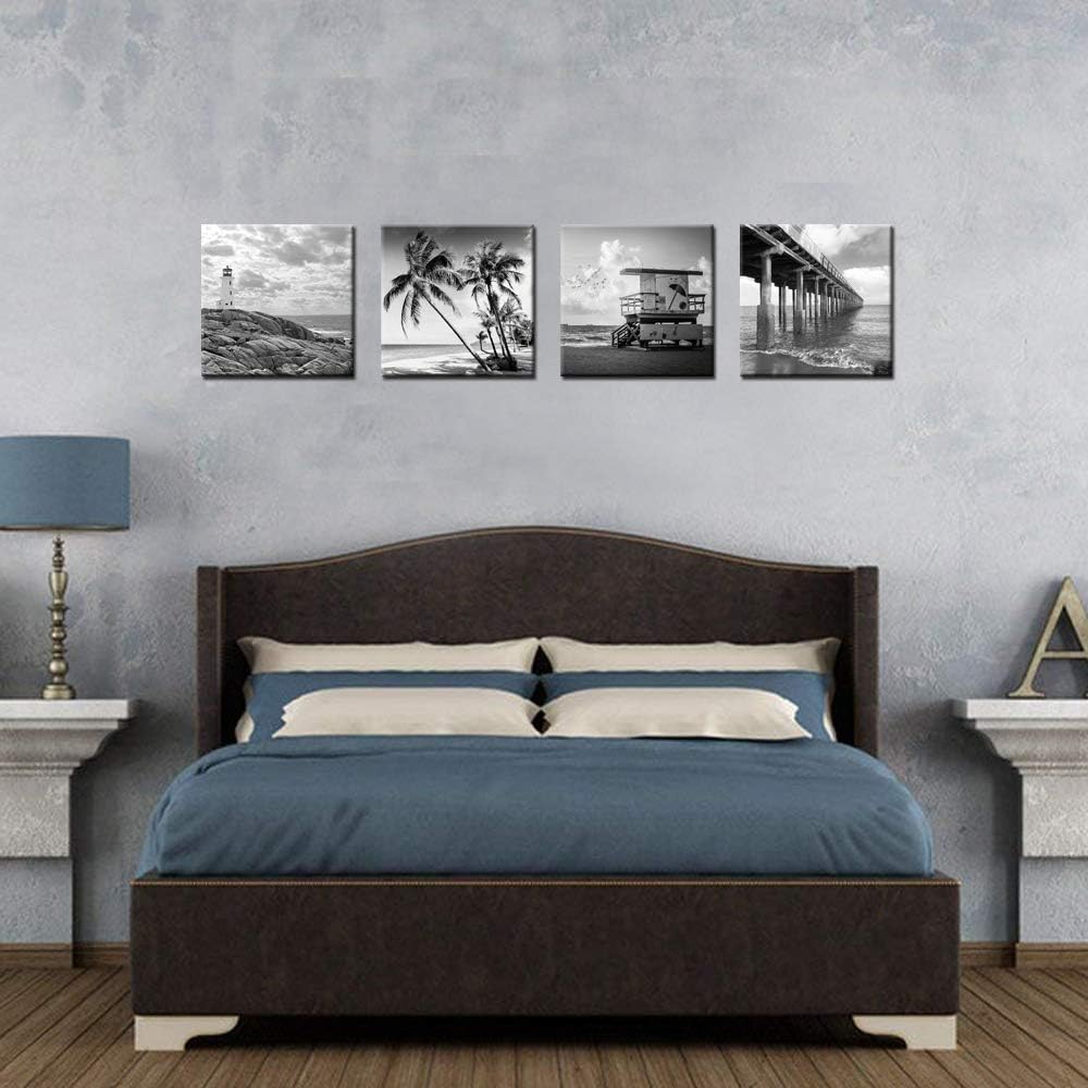 Black and White Beach Wall Art Florida Seascape Painting Lighthouse Lifeguard Tower Pier Picture Print Framed Artwork Ready to Hang O9580