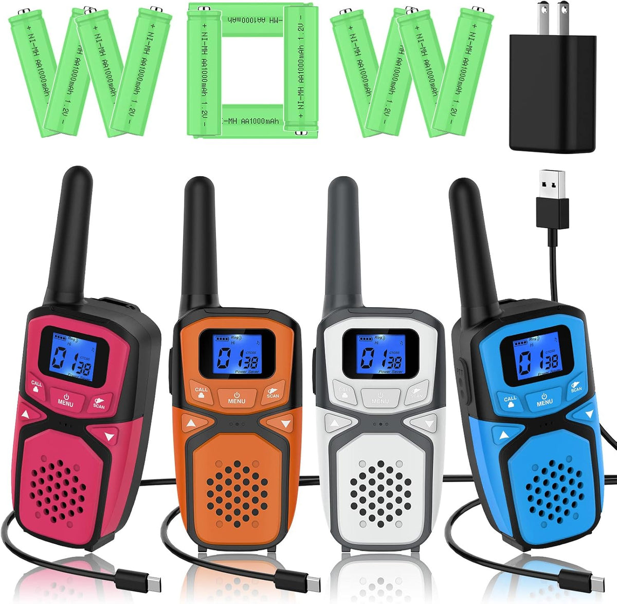 Rechargeable Walkie Talkies 4 Pack, 3 Miles Range (Blue Pink Green Orange) J2528