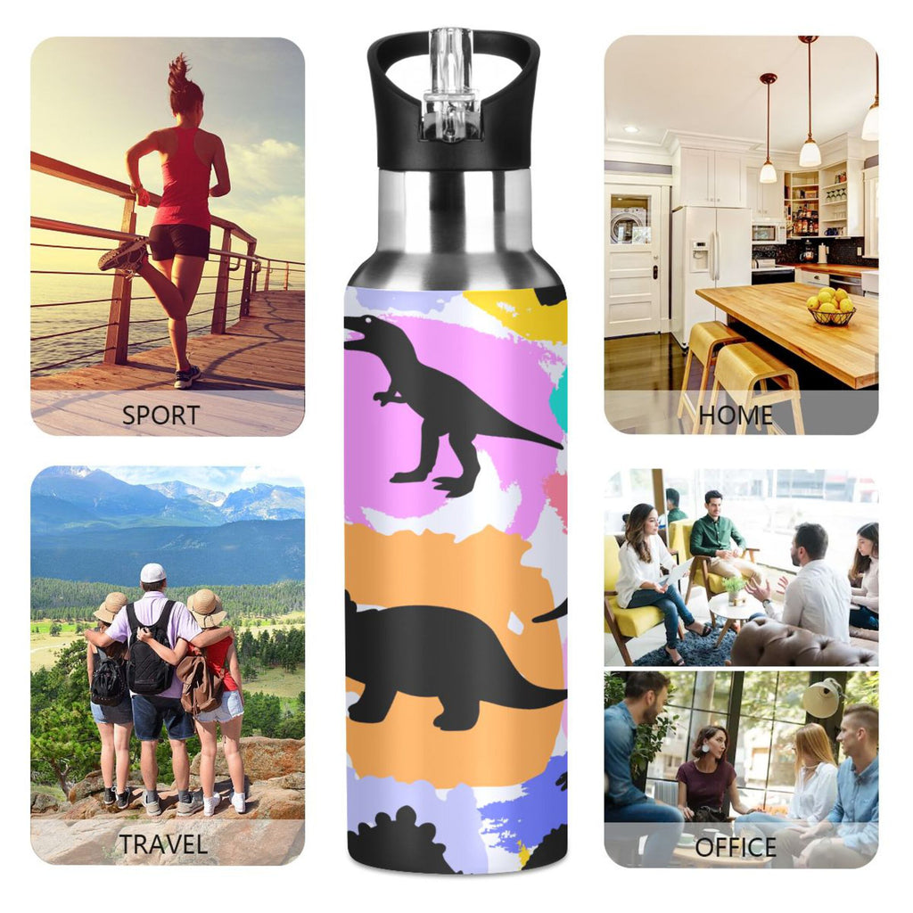 Black Dinosaurs Rainbow Stainless Steel Insulated Water Bottle with Straw Lid Y6715