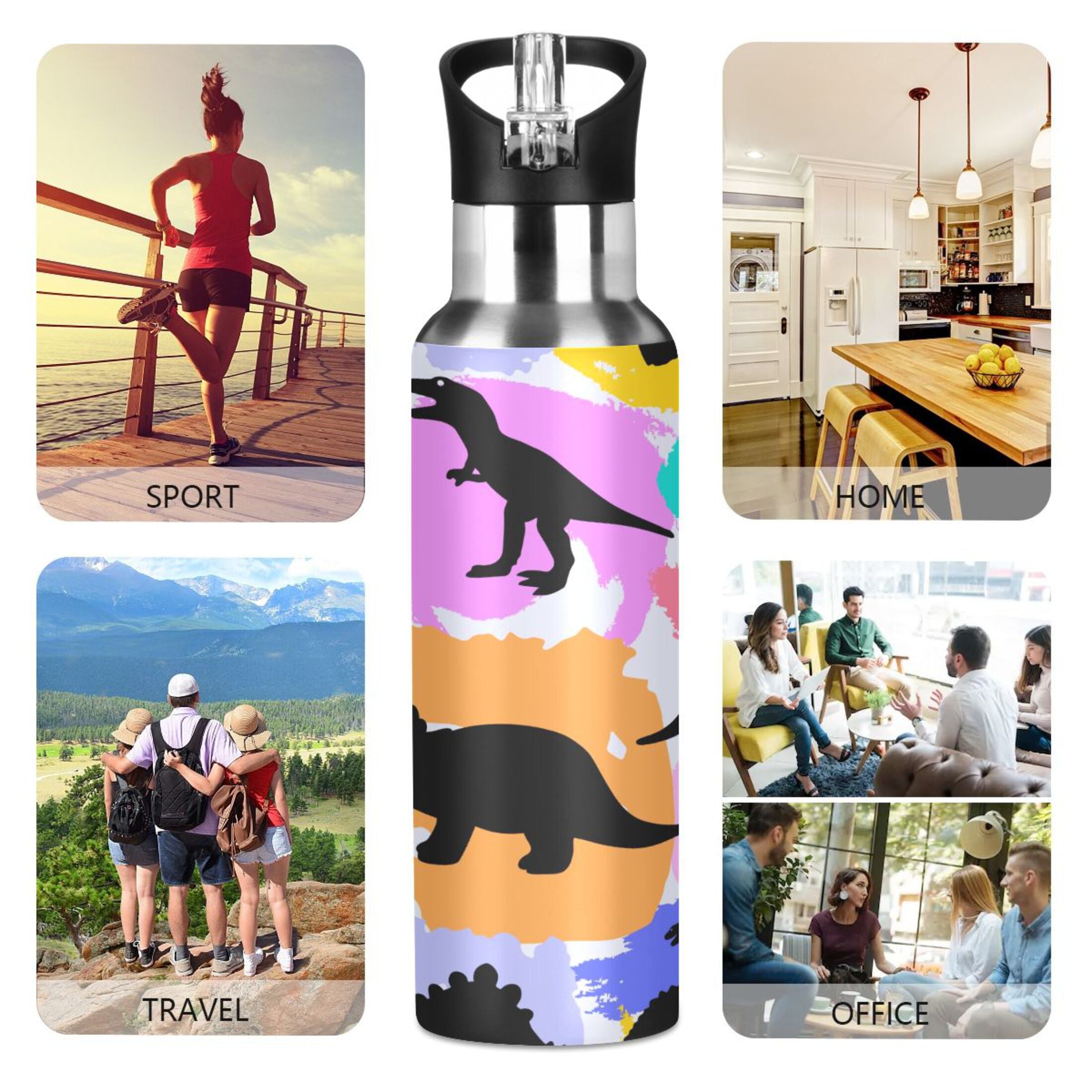 Black Dinosaurs Rainbow Stainless Steel Insulated Water Bottle with Straw Lid Y6715