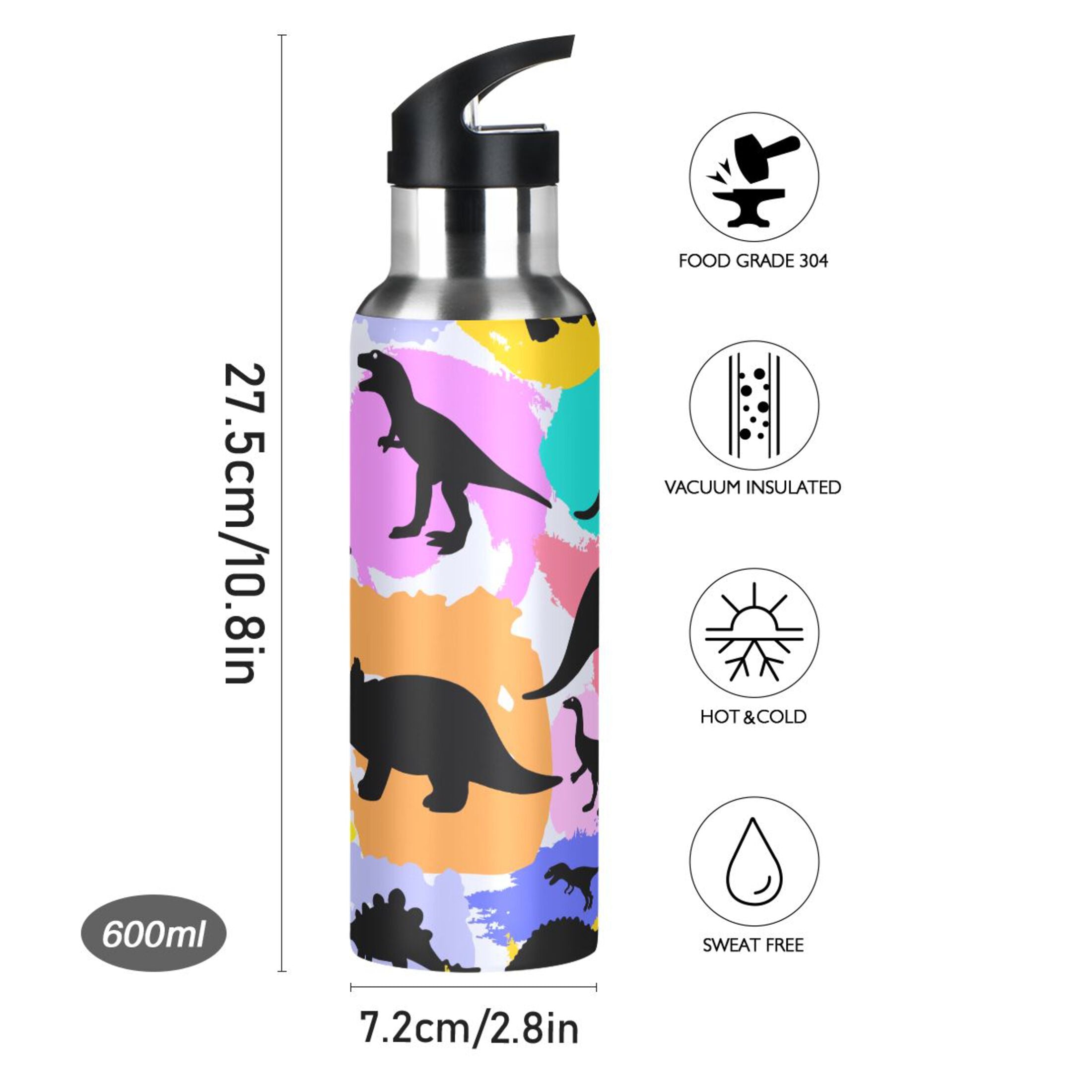 Black Dinosaurs Rainbow Stainless Steel Insulated Water Bottle with Straw Lid Y6715