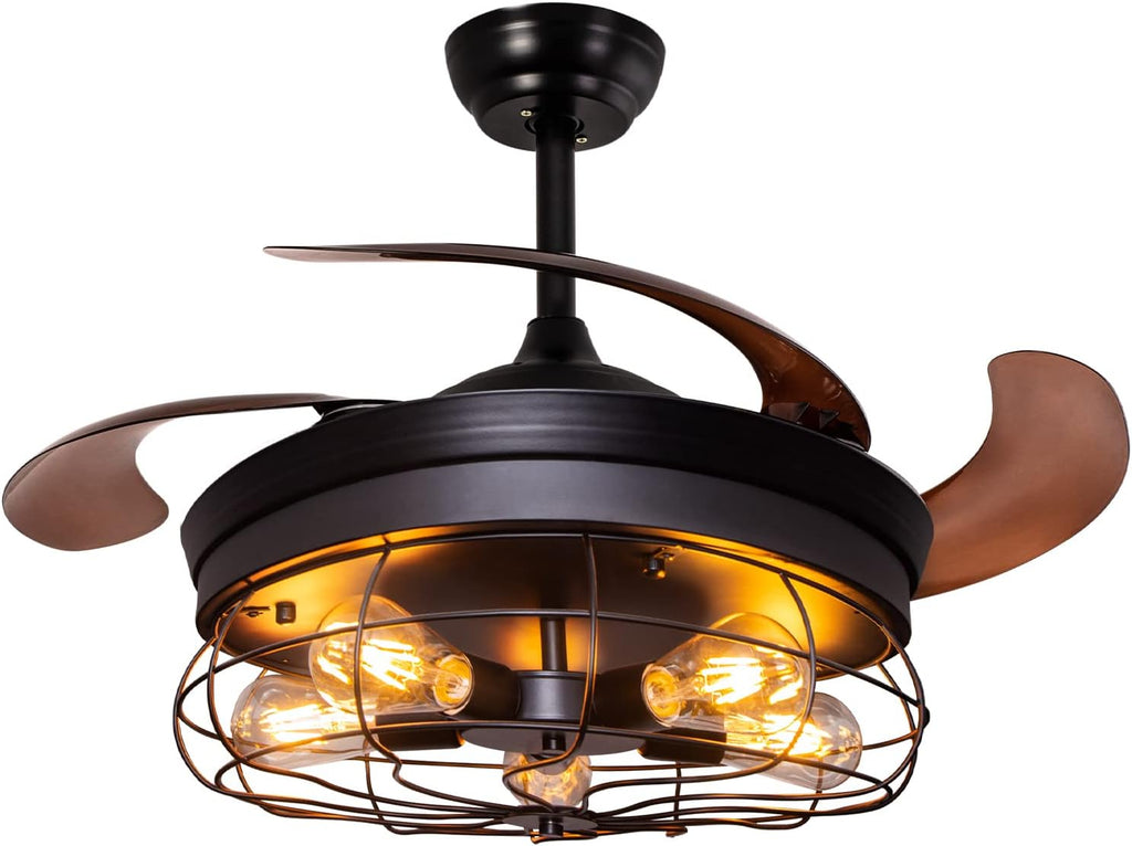 42'' Industrial Black Caged Ceiling Fan with Lights Remote Control R509979