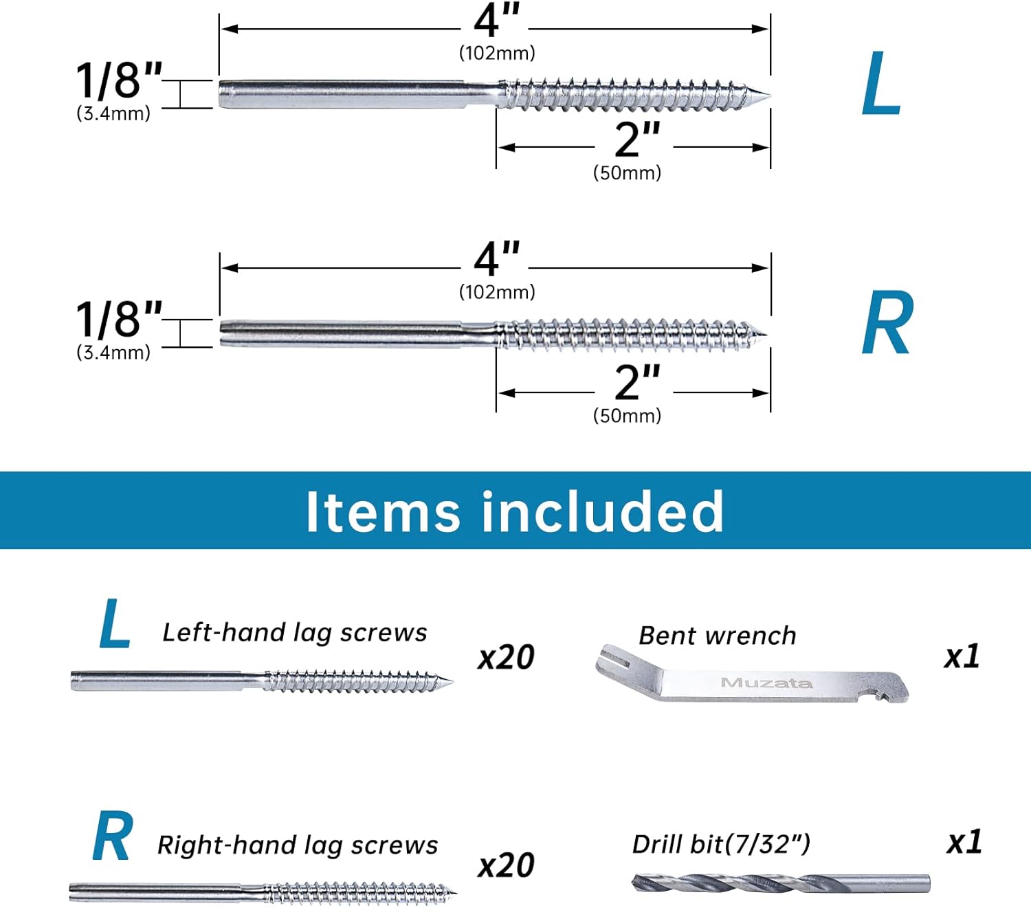 40Pack 1/8 Swage Lag Screws Left & Right Cable Railing Hardware Kit T316 Stainless Steel 20 Pairs W820702